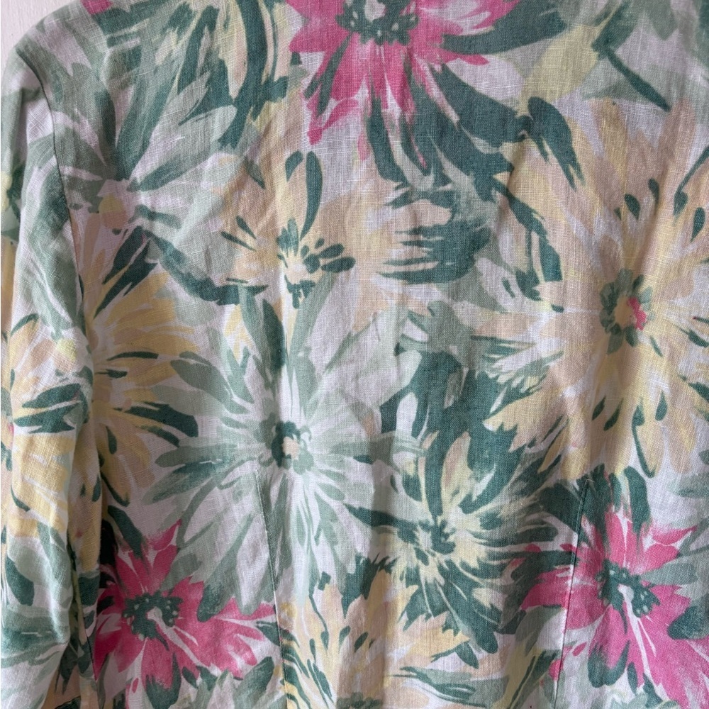 JM Collection Women’s 100% Linen 3/4 Sleeve Button Front Floral Pink /Green Top - Picture 5 of 9